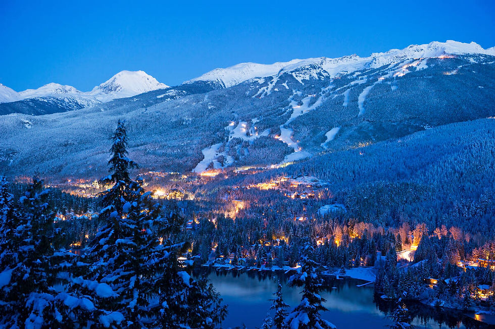 Whistler and Blackcomb Mountains in winter.