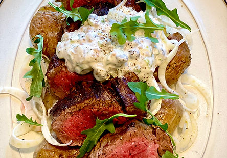 Roasted BC Beef with Salt Baked Potatoes & Aioli