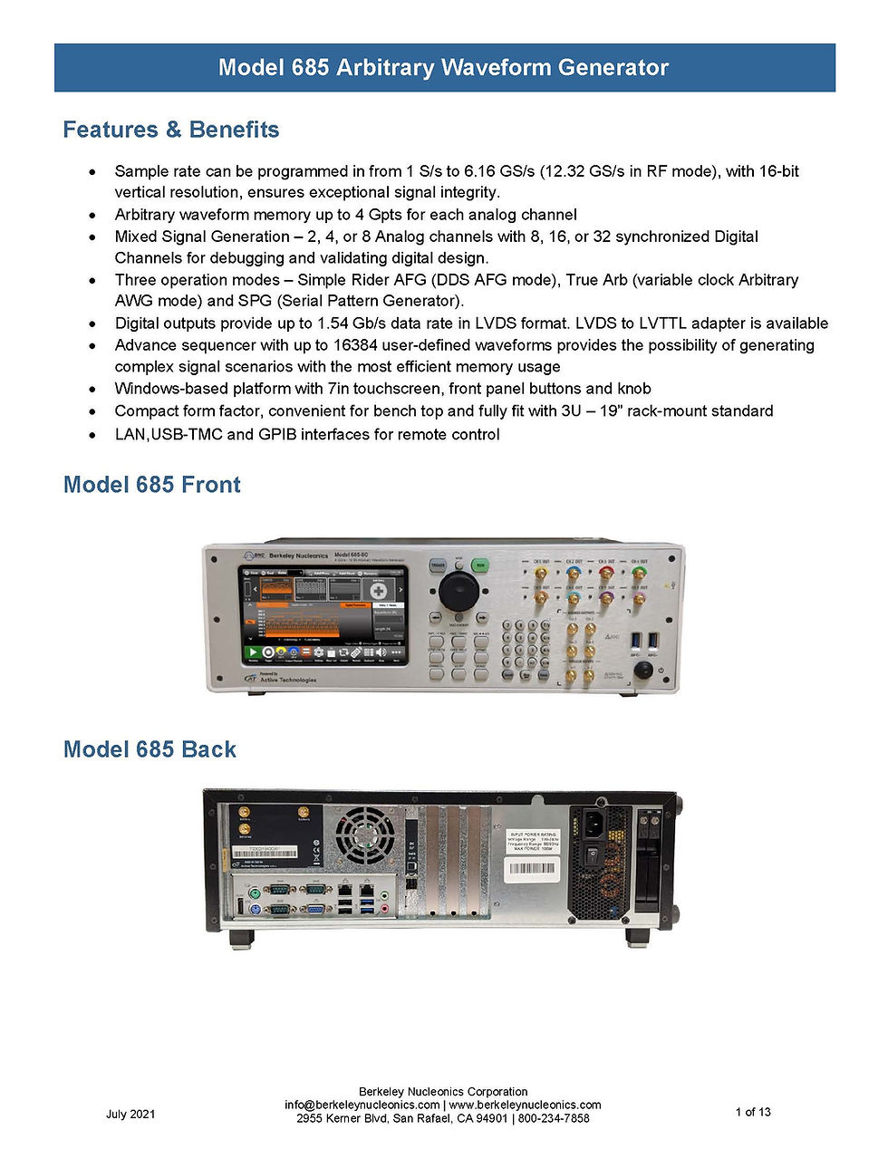 Thumbnail: Berkeley BNC Model 685 Arbitrary Waveform Generator 2GHz 6GS/s 16-Bit AWG Features and benifits