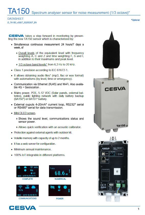 Thumbnail: CESVA TA150 Noise Measurement Sensor Class 1 Product details