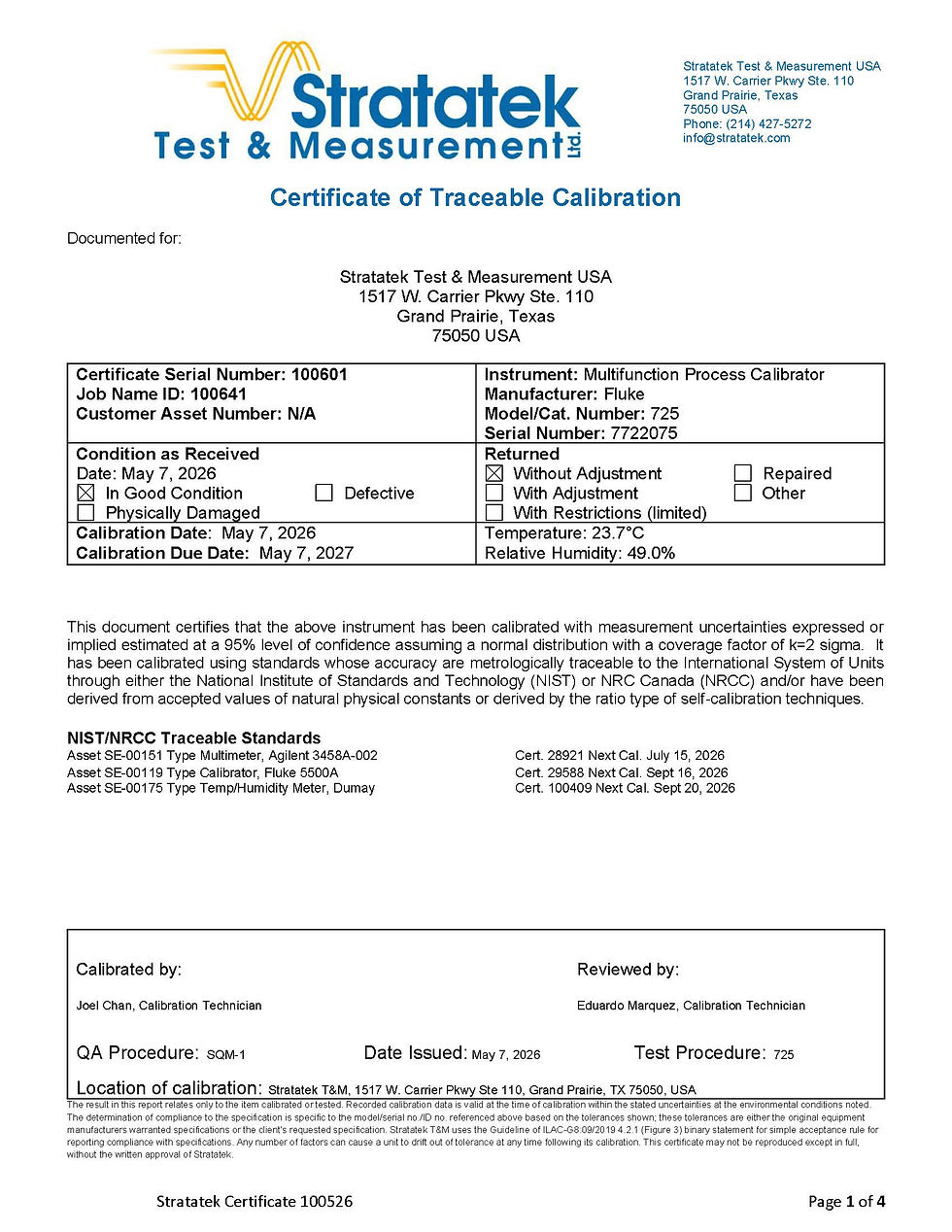 Thumbnail: Fluke 725 Multifunction Process Calibrator certificate of traceable calibration