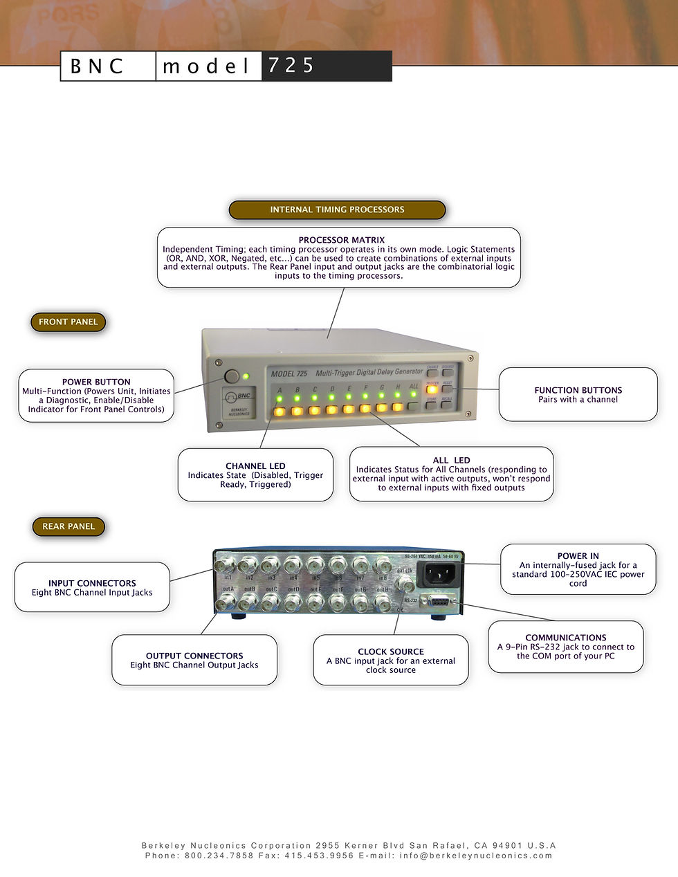 Thumbnail: Berkeley BNC Model 725 Multi-Trigger Digital Delay Generator 8 Channel Detailed front view