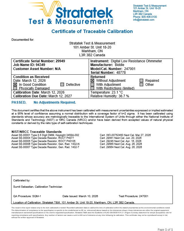 Thumbnail: Biddle Megger 247001 DLRO 10A Digital Low Resistance Ohmmeter NIST Calibrated Certificate of traceable calibration