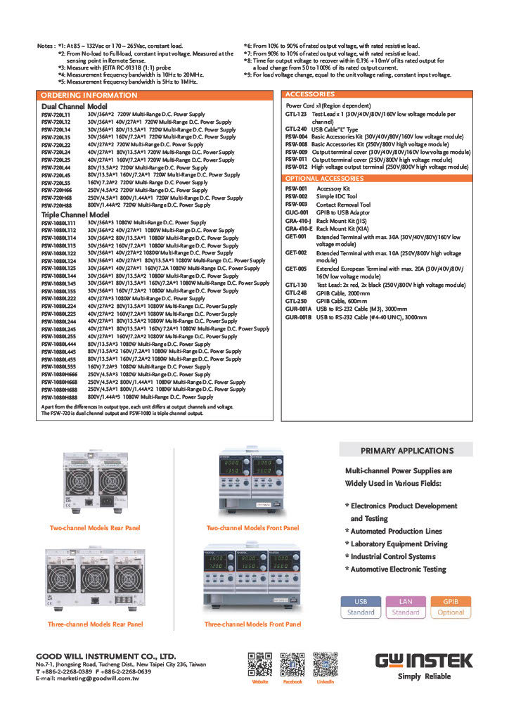 Thumbnail: GW Instek PSW-Multi Series DC Programmable Switching Power Supply 2 Channel Ordering details
