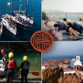 Team retreat collage featuring sailing boats, outdoor yoga, rafting, and cultural exploration in Greece, representing the different corporate retreat styles offered by Get Lost