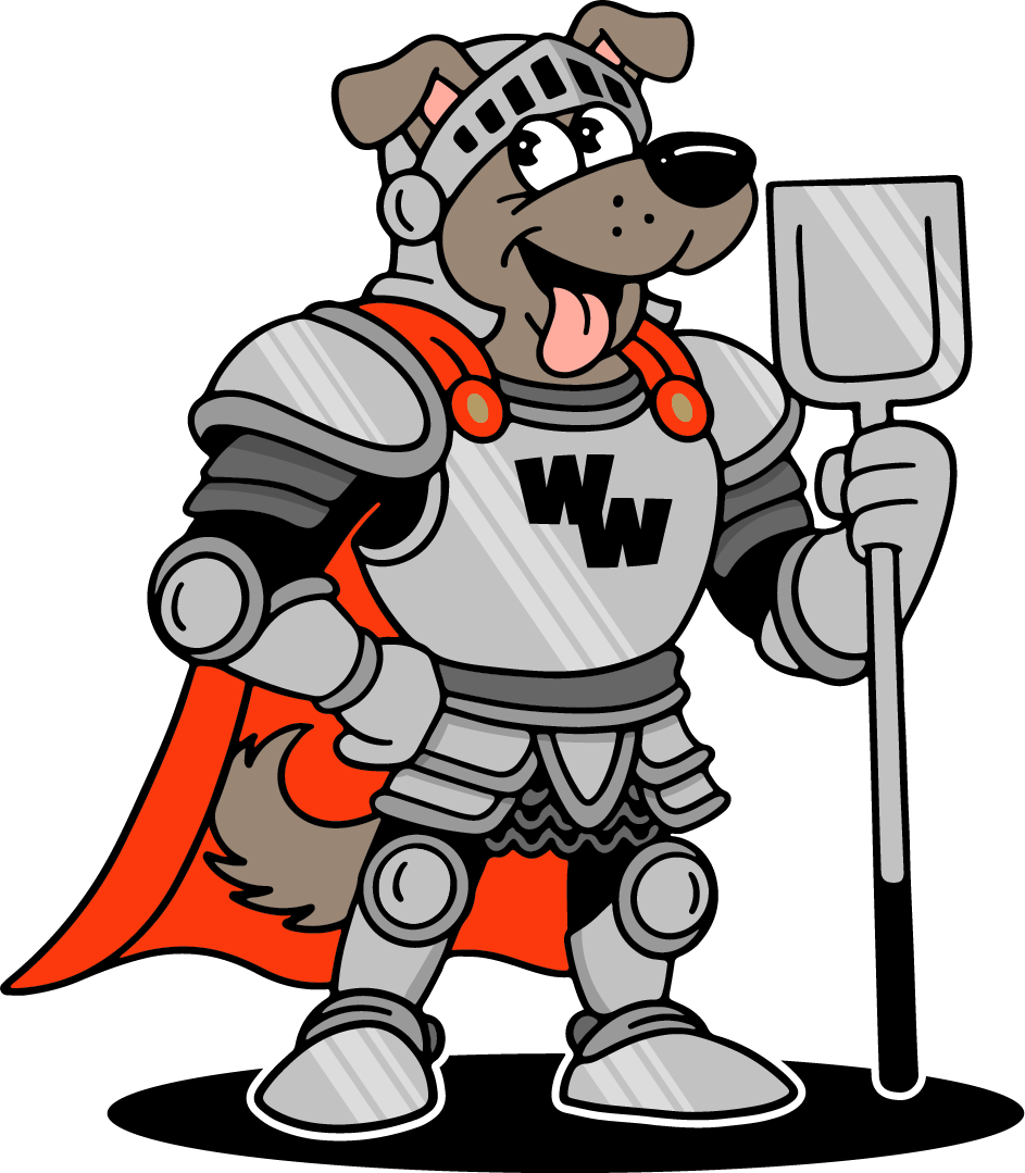 Woof Waste Warriors logo featuring a cartoon dog in armor holding a poop scooper