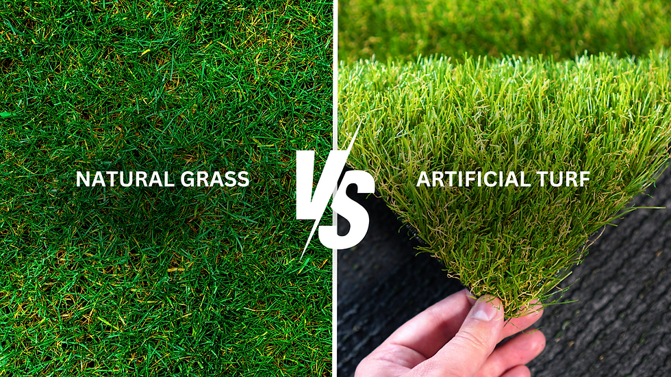 Side-by-side comparison of natural grass and artificial turf, with text labels highlighting their differences.