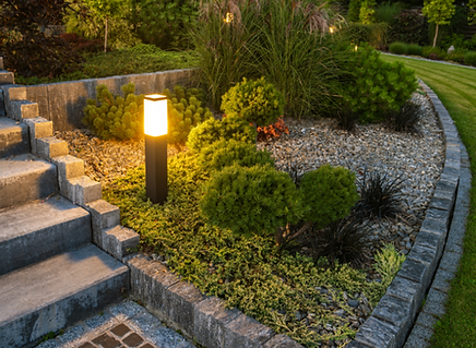 Close-up of professionally installed outdoor lighting on garden steps, highlighting shrubs and decorative stonework in Auburn and Opelika, AL, provided by RIP Landscapes.
