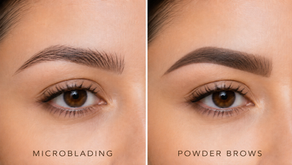 Microblading vs powder brows showing natural hair strokes compared with soft shaded brows