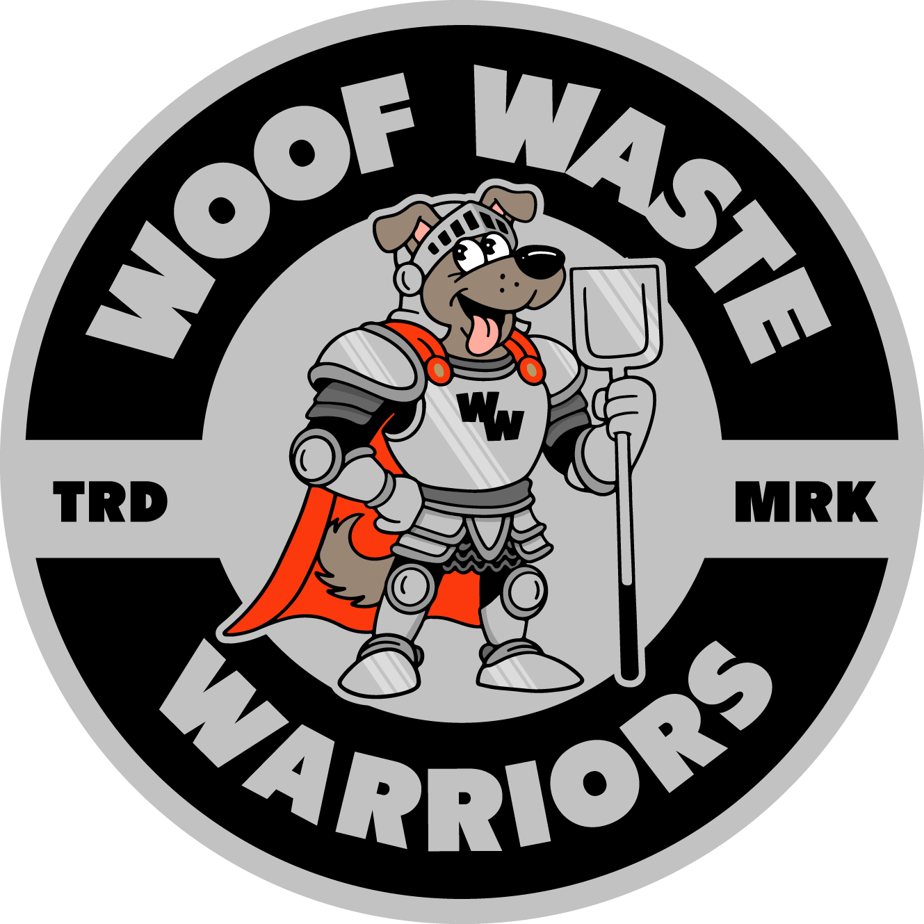 Circular Woof Waste Warriors logo with a cartoon dog knight holding a poop scoop.