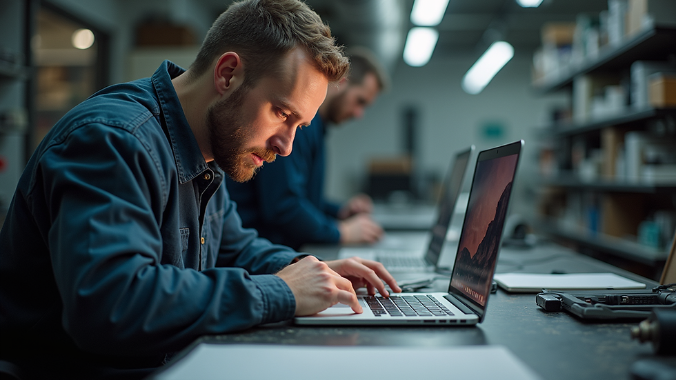 Vue en plongée d’un technicien réparant un MacBook dans un atelier à Genève