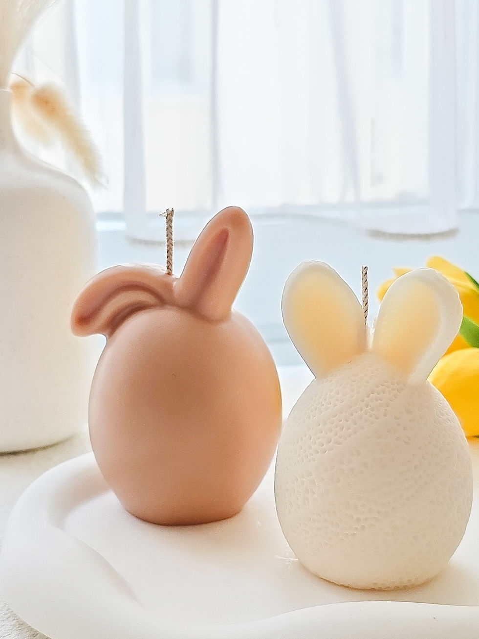 Thumbnail: Eco-friendly Easter candles displayed on a spring table setting, unscented handmade rapeseed wax candles from Switzerland