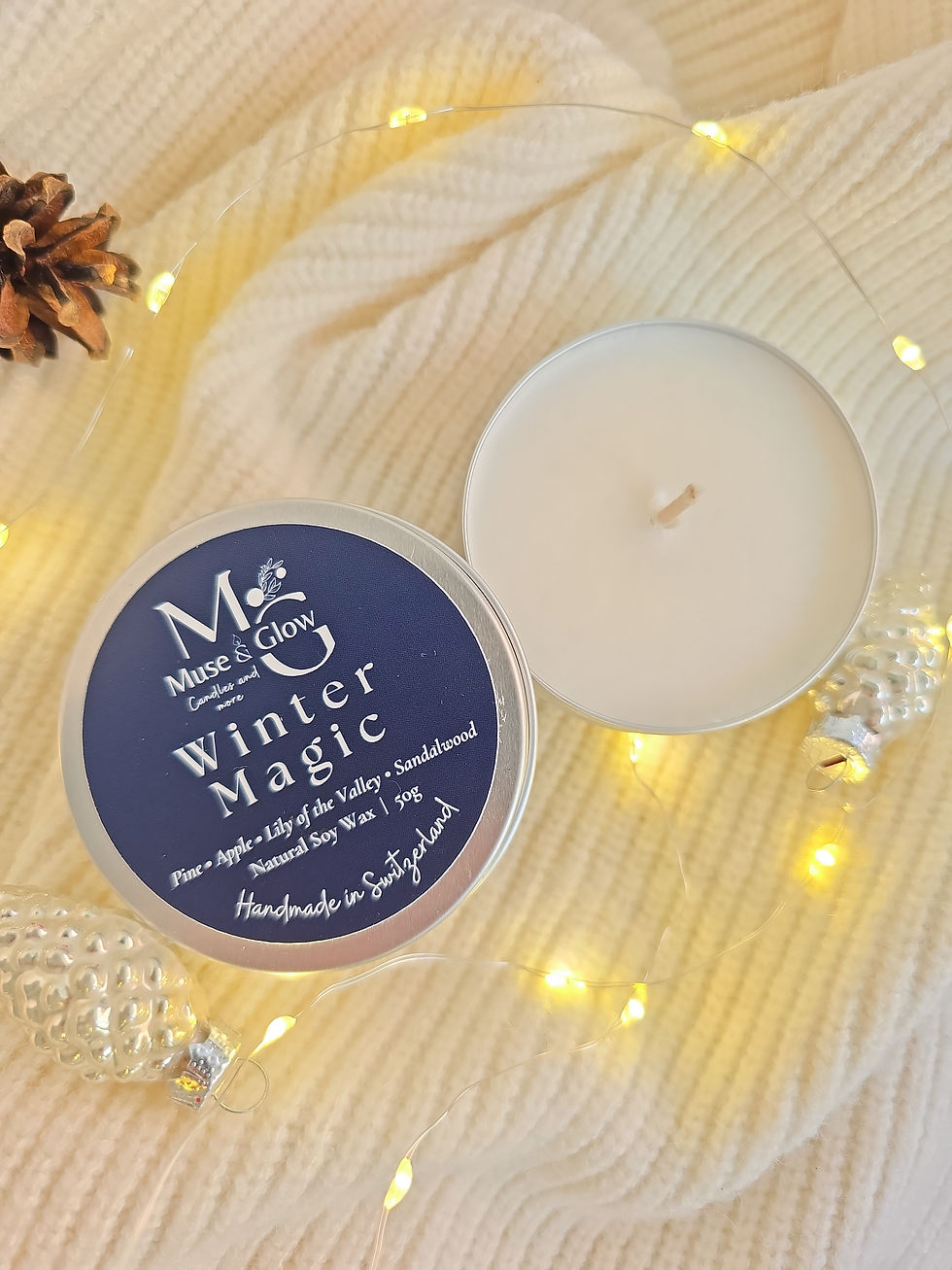 Cozy Pocket Candle in silver tin, Winter Magic scent, 100% soy wax