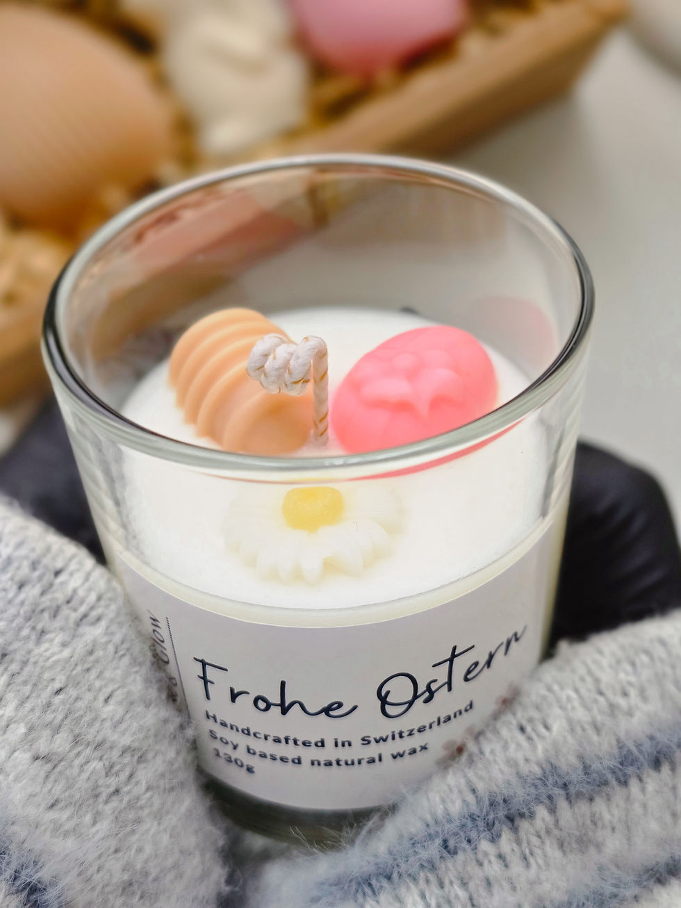 Thumbnail: Natural soy wax Easter candle with rapeseed wax egg decorations and cotton wick