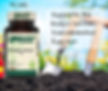 A bottle of supplements with dirt and a garden behind it.