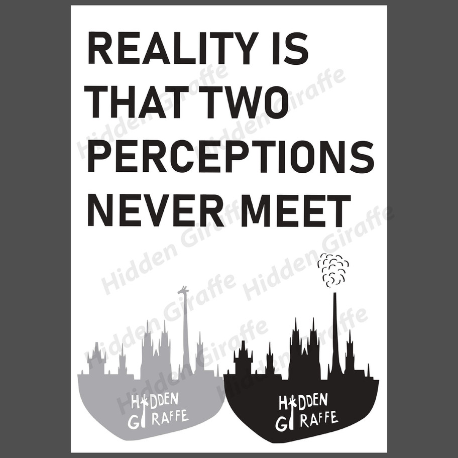 Black and white poster Two Perceptions with playful quote, inspirational wall art on neutral grey background