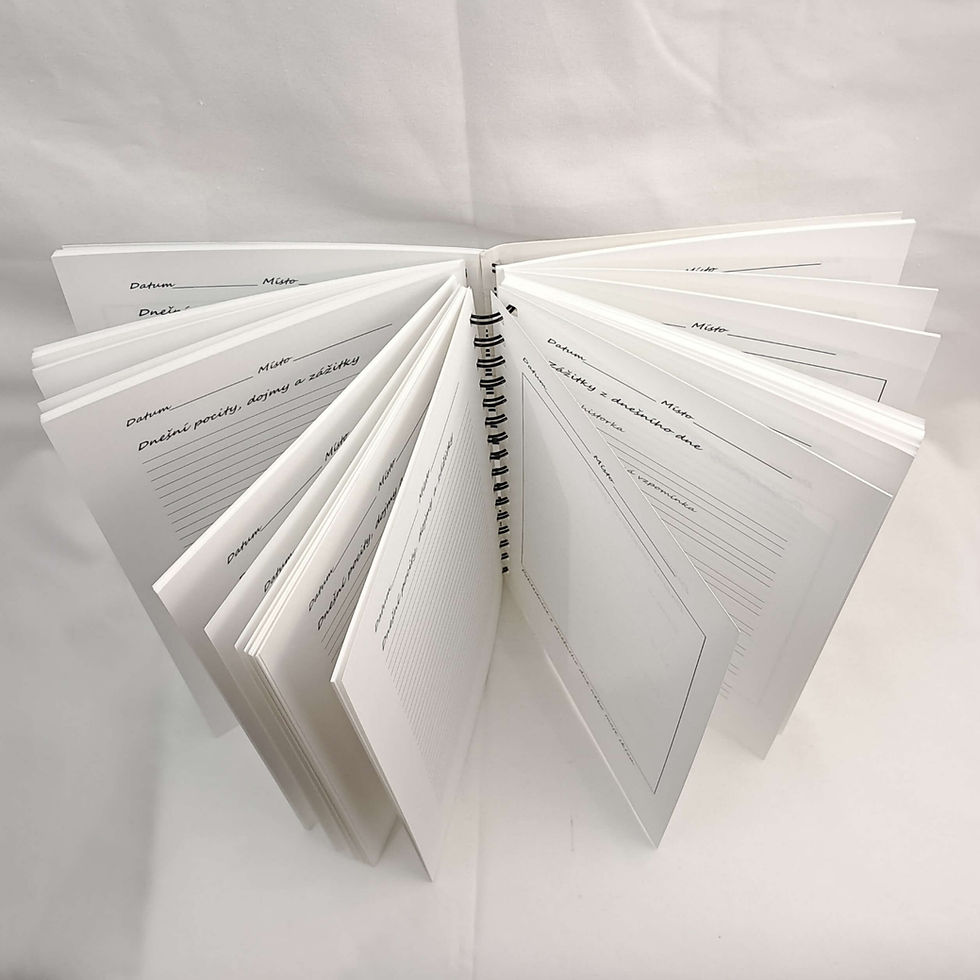 Top-down view of the open Cestovní deník travel journal, showing the thickness and number of pages – Hidden Giraffe