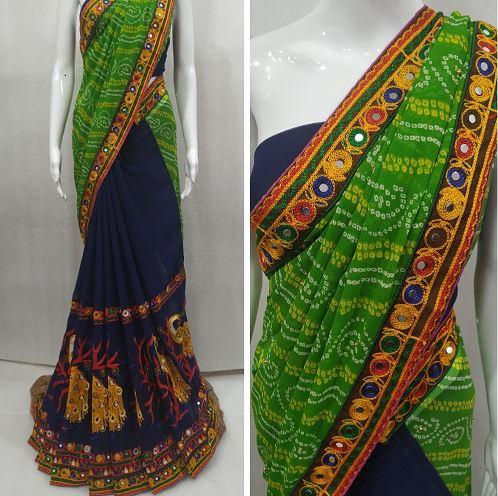 Green Color Georgette Bandhani Embroidery Half and Half Saree