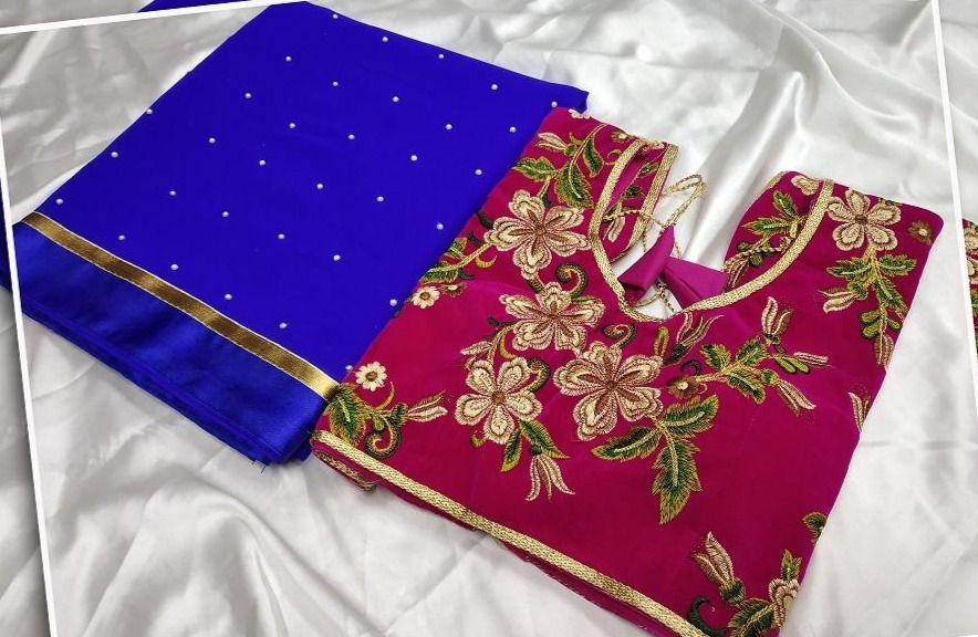 Blue Color Partywear Georgette Pearl Diamond Work Saree