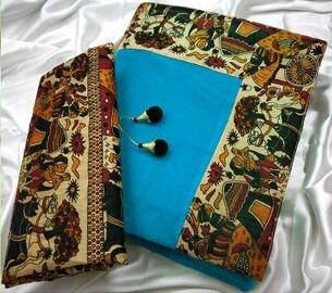 Blue Color Chanderi Cotton Solid with Kalamkari Print Border Saree