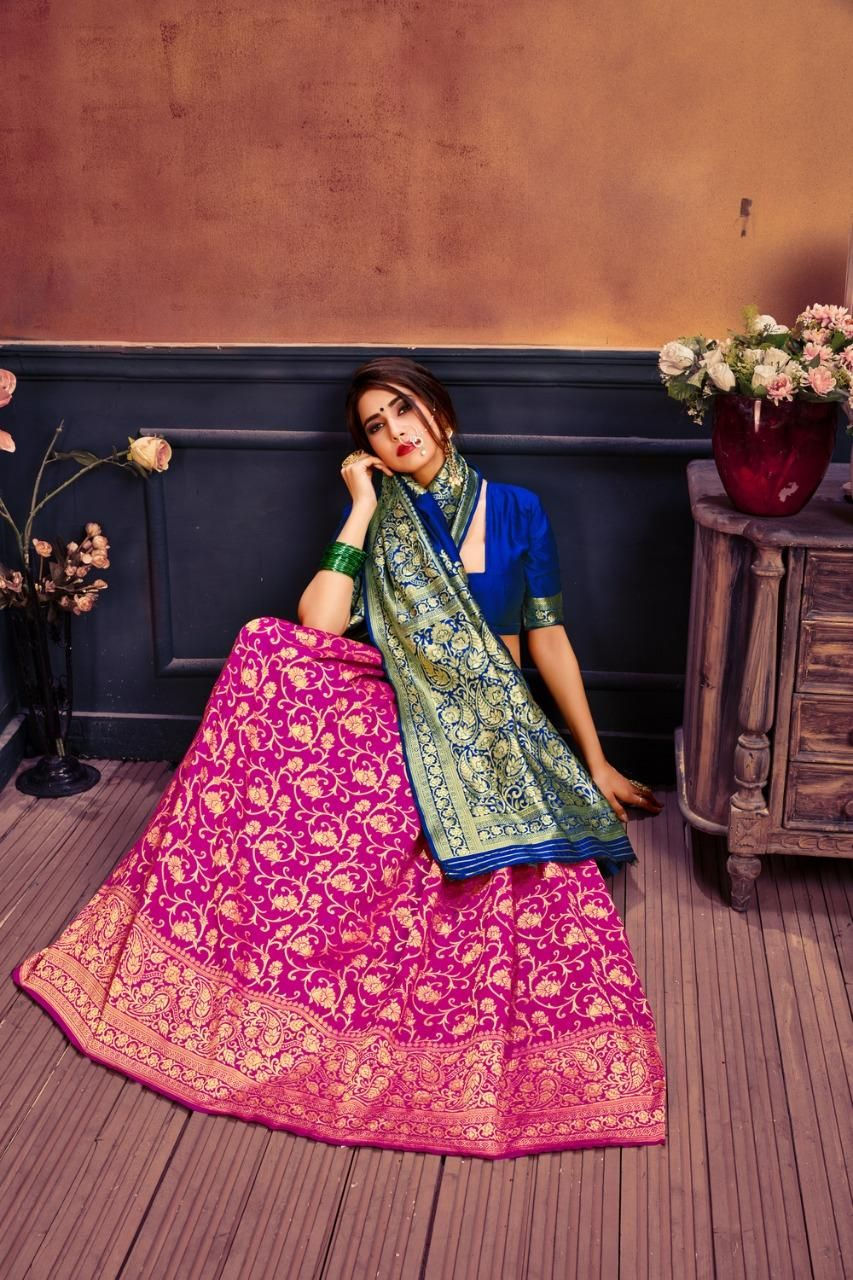 Pink and Blue Color Kanjivaram Silk Saree With jacquard Woven Work