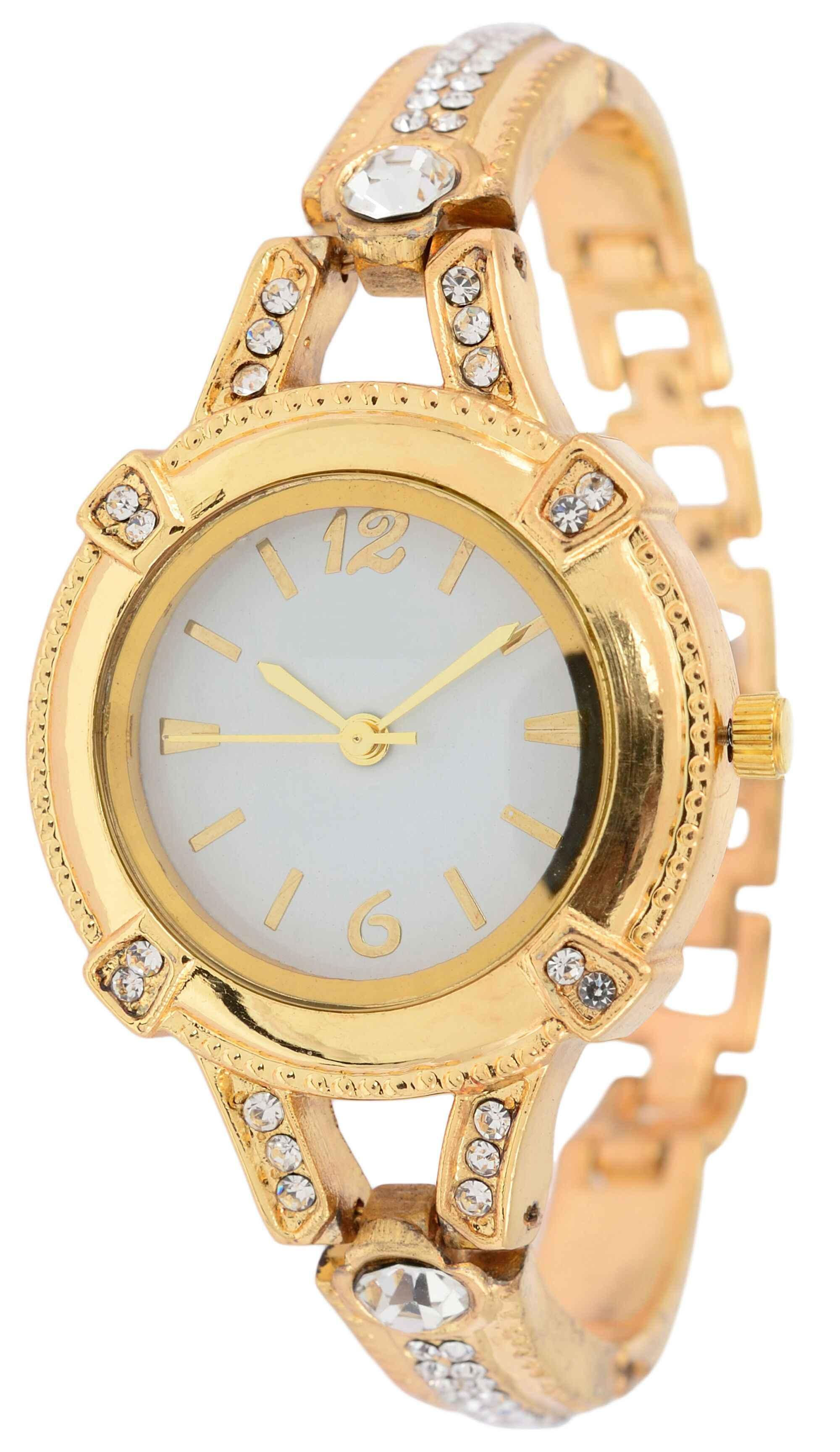 Gold Color Women Stainless Steel Watch with Stones