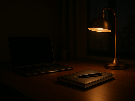Bureau sobre la nuit, ambiance feutrée et stratégique, carnet fermé et lumière tamisée.