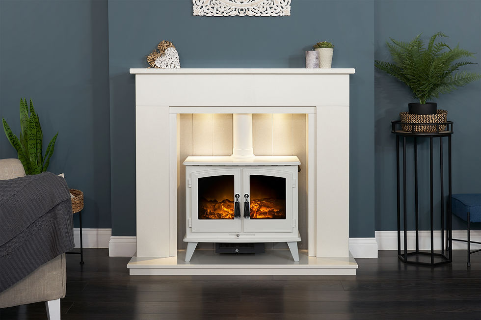 Gemini White Electric Stove in Marble Fireplace Surround