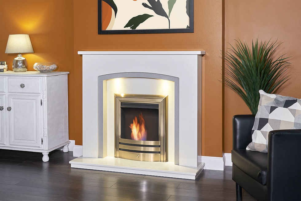 Thumbnail: Borealis Brass Bio Ethanol Inset Fire in Marble Fireplace Angled Lifestyle