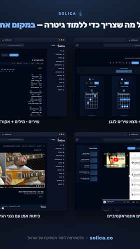 צילומי מסך של Solica — פלטפורמת לימוד מוזיקה ותופים אונליין בעברית