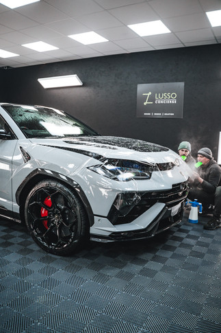 Lamborghini Urus Performante receiving expert Paint Protection Film (PPF) installation in Yorkshire, Leeds, at Lusso Concierge. Using Profilm Ultra Clear Pro material with a 12 year warranty.