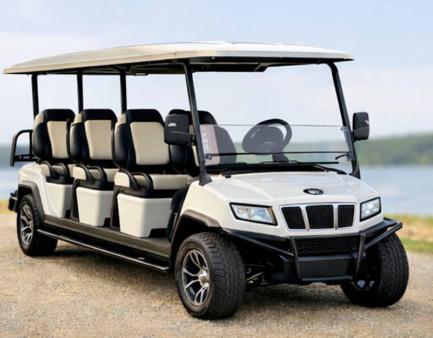 6 seater golf cart rental Lake Pepin parked near waterfront