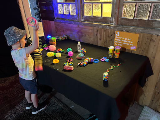 A young boy playing with a slinky at a table covered in colour toys. A sign on the wall reads "Sensory toys and fidgets available to borrow - pease ask our staff."