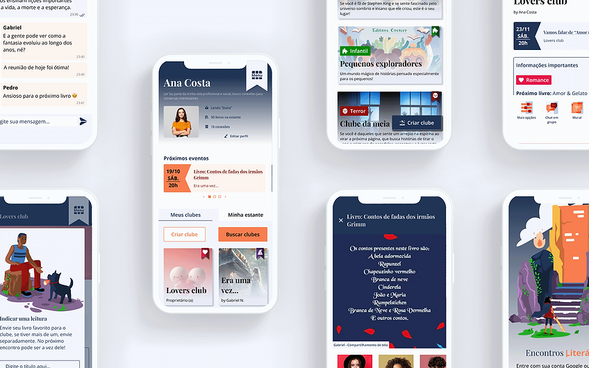 Mockup de telas do aplicativo Encontro Literários, apresentando recursos como clubes de leitura, perfil de usuário, recomendações de livros, eventos e bate-papo.
