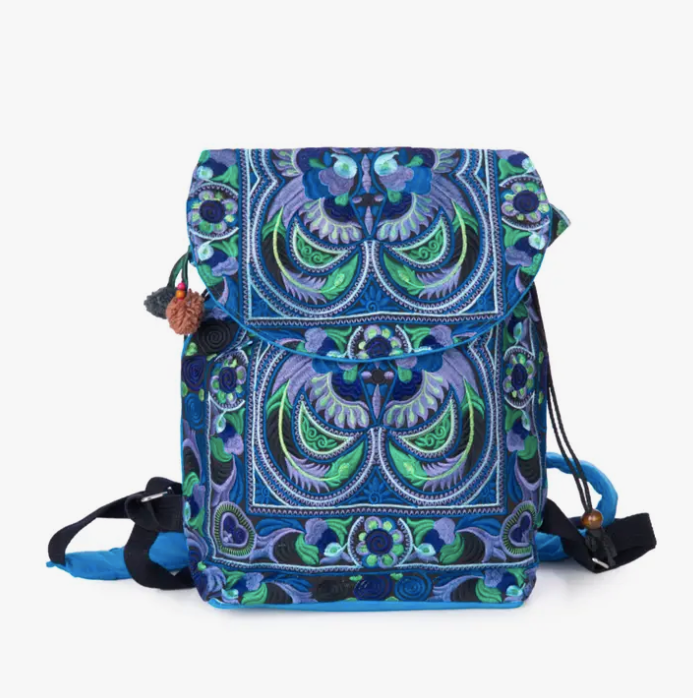 Embroidered Drawstring Backpack Bird Blue