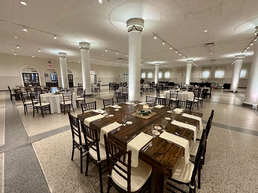 Indoor Wedding Reception with Harvest Tables and Fruitwood Chiavari Chairs
