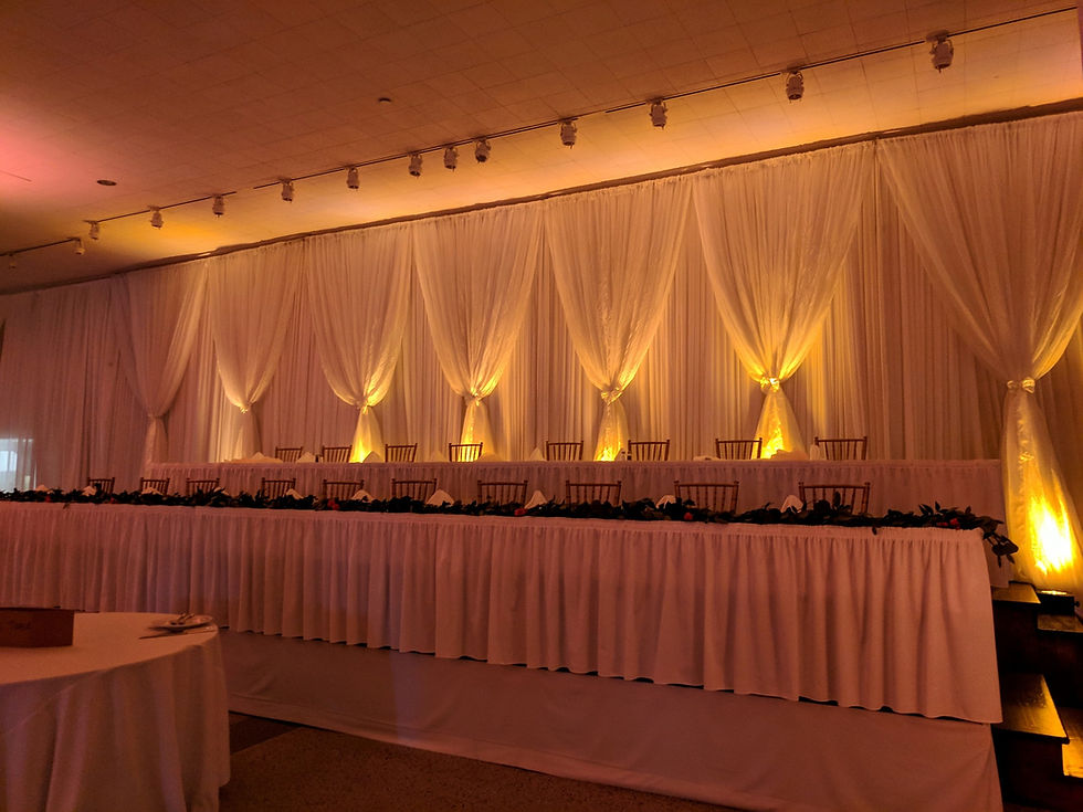Indoor Wedding Reception Head Table with Swagged Draping Backdrop
