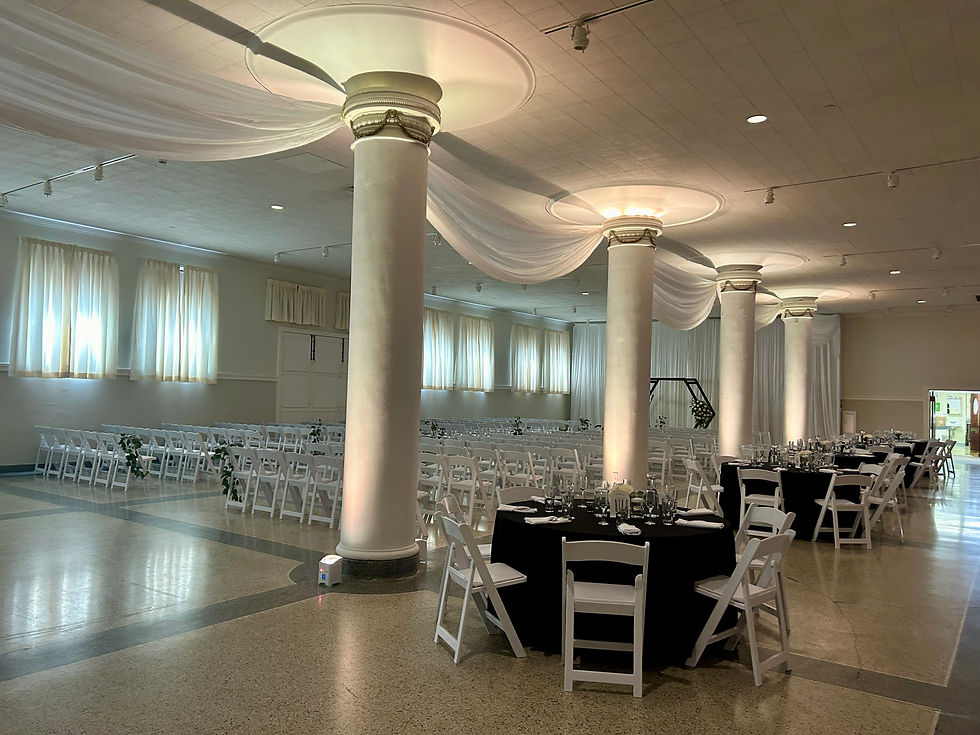 Indoor Wedding Ceremony with White Straight Style Ceiling Draping, White Silk Pleated Draping & Whit