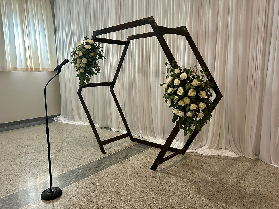 Indoor Wedding Ceremony, White Silk Pleated Draping and Double Hexagon Arbor