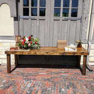 outdoor wedding reception, cocktail hour 8ft Rectangle Dark Roast Wood Harvest Table gift table, card table 