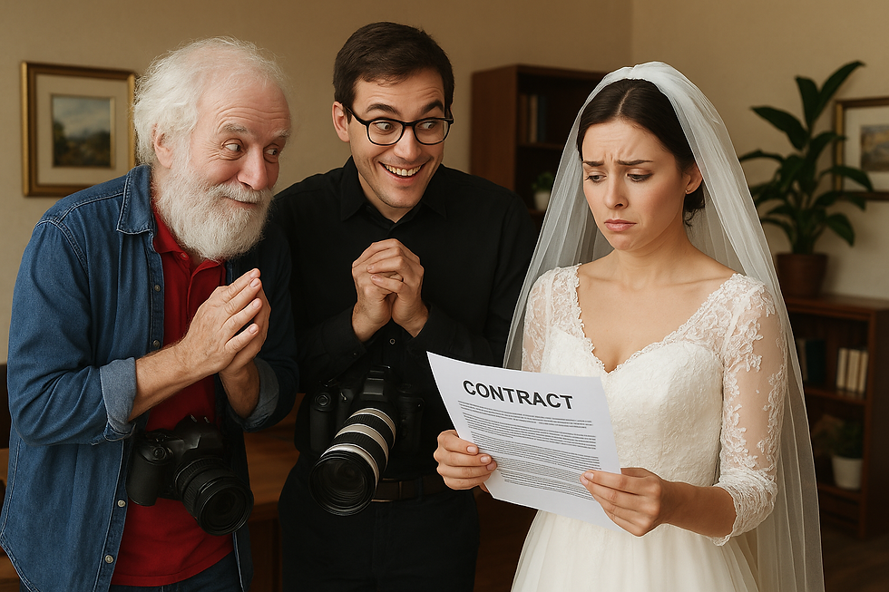 Photographer with assistant trying to scam bride, generated with AI