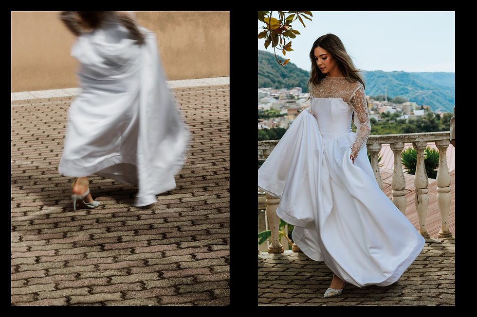 Fotografie di Drimage Creative studio di Simona Turano Photographer. Due foto di una donna con un abito bianco svolazzante e tacchi alti su una terrazza, una sfocata per il movimento, con colline sullo sfondo.