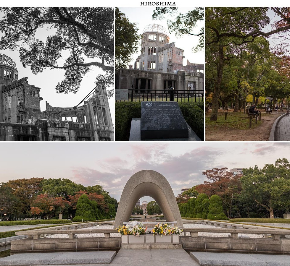 Il monumento e il parco della pace di Hiroshima, con edifici e alberi.