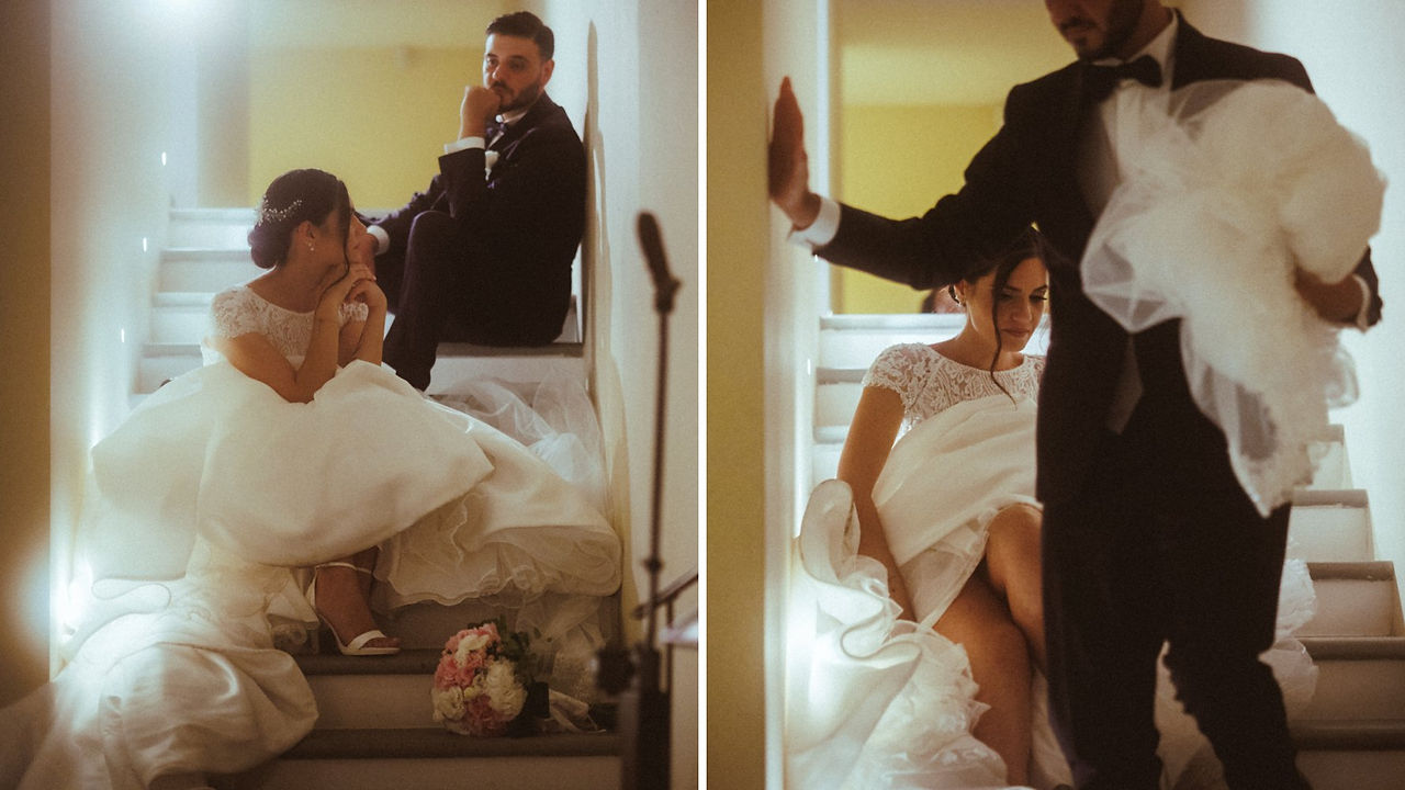 Bride on stairs with groom, Matrimonio elegante e romantico, elegant scene, Drimage