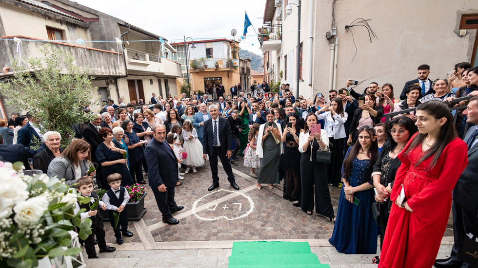 Large wedding party posing outdoors. Matrimonio elegante e romantico. Many people gathered.