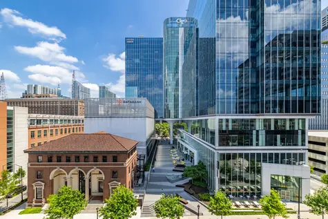 CODA campus combining historic and modern architecture with a vibrant outdoor courtyard, taken for commercial architecture photography.