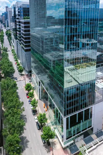 Aerial drone photography of a tall glass office tower reflecting nearby trees and city street.