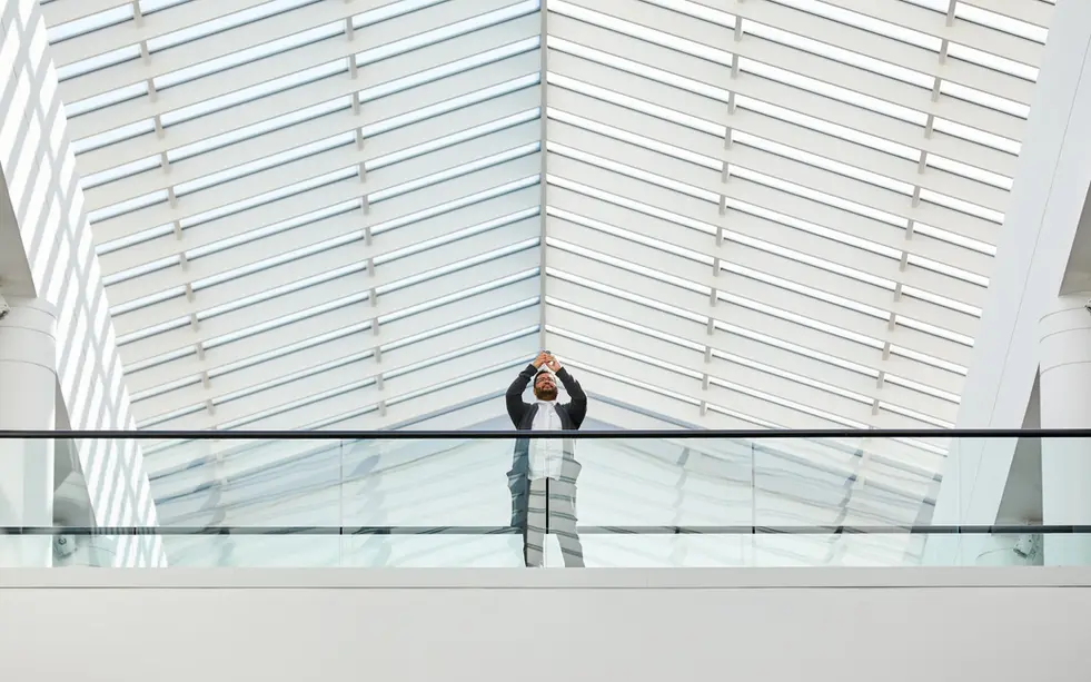 Man standing under glass atrium roof with patterned skylight above.