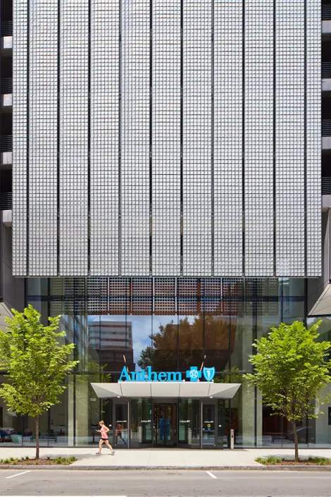 Street view of Anthem corporate building entrance with modern glass architecture and branded signage.