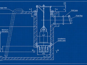 Blueprint instalasi pompa axial flow milik untuk sistem pengolahan air limbah, menampilkan detail pemasangan pompa, sewage inlet, wall pipe, float flap, dan struktur sump pit untuk mendukung sistem pemompaan yang efisien dan andal. (credit : Triolo.Co.ID)